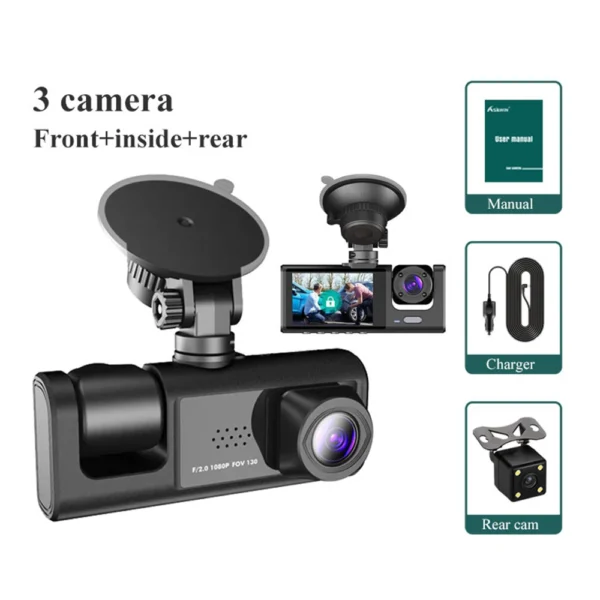 3 Channel Dash Cam Front and Rear Inside 1080P 3 Way Triple Car Camera with IR Night Vision Loop Recording - Image 8