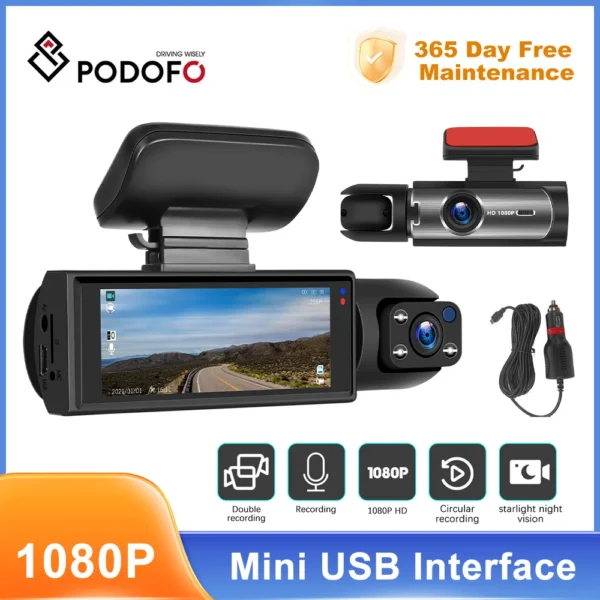 Podofo 3.16 Inch Dash Cam  in Car DVR Camera Video Recorder Rear View Dual Lens HD Cycle Recording Video